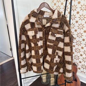 Talulah Faux Shearling Plaid Shacket - Brown/Cream